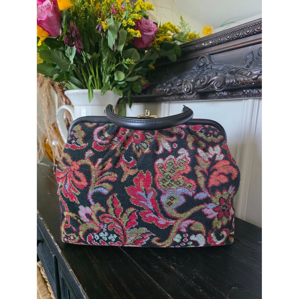 Tapestry Top Handle Kisslock Style Hand Bag Purse Vtg Verdi Made In USA 14x11x5